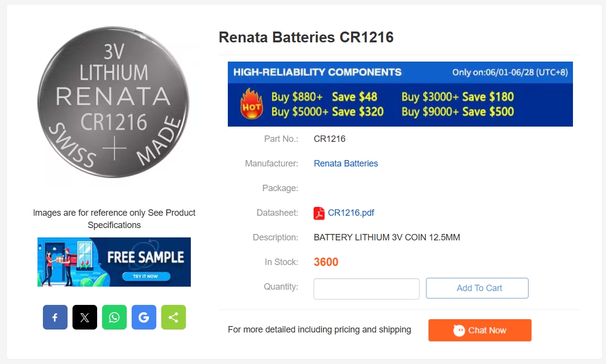 Renata Batteries CR1216